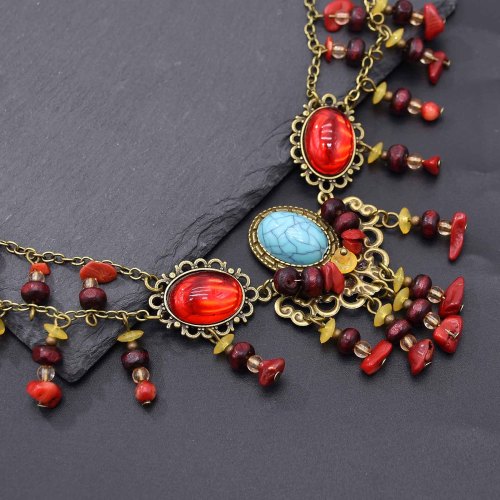 N-7848 Turquoise Pendant Necklaces For Women Bohemian Ethnic Stone Tassels Statement Chains Necklace