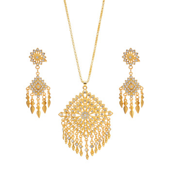 N-7847 Gold Bohemian Rhinestone Flower Leaf Tassel Necklace Ethnic Stud Earring Set for Women Girls Birthday Gift Vacation Jewelry