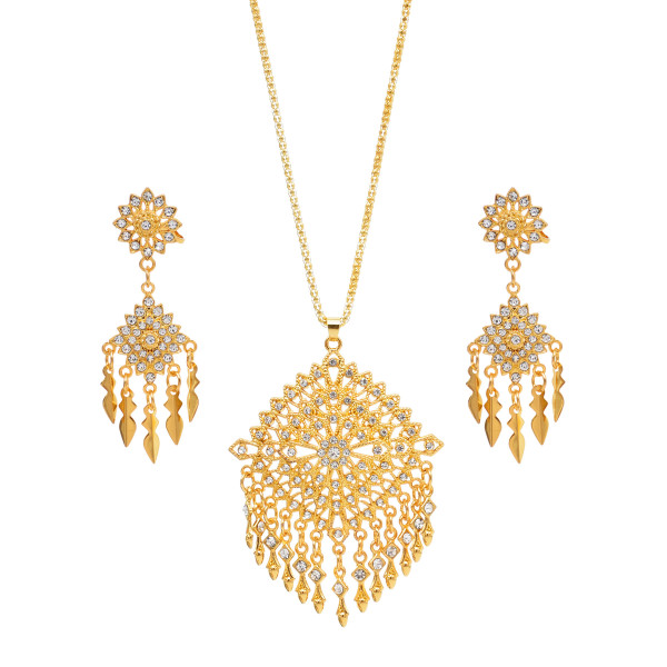 N-7847 Gold Bohemian Rhinestone Flower Leaf Tassel Necklace Ethnic Stud Earring Set for Women Girls Birthday Gift Vacation Jewelry