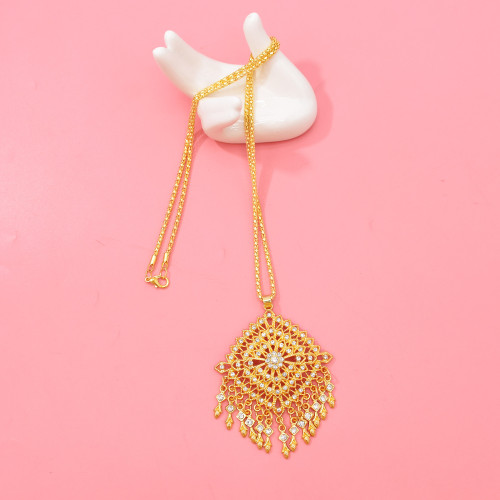 N-7847 Gold Bohemian Rhinestone Flower Leaf Tassel Necklace Ethnic Stud Earring Set for Women Girls Birthday Gift Vacation Jewelry