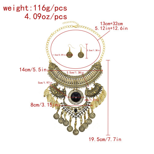 N-7846 New Gypsy Vintage Large Geometric Leaf Tassel Pendant Necklace Earrings Women's Tribal Party Jewelry Set