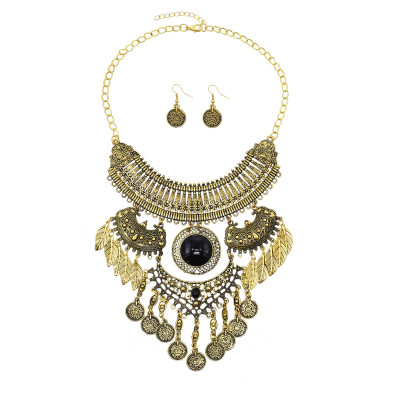 N-7846 New Gypsy Vintage Large Geometric Leaf Tassel Pendant Necklace Earrings Women's Tribal Party Jewelry Set