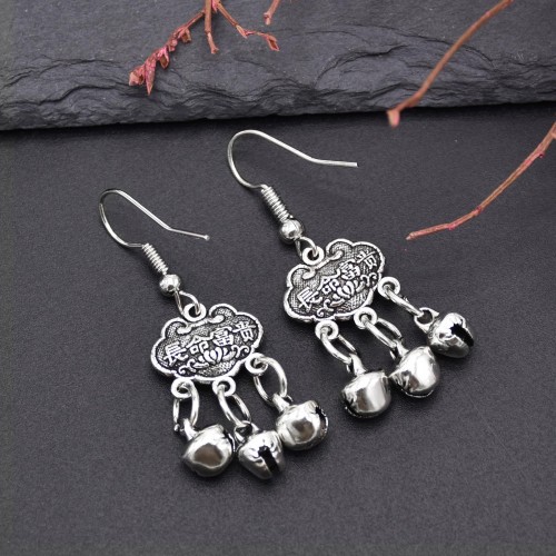 E-6507 Vintage Chinese Style Long Life Lock Access Safety Words Bell Tassel Pendant Earrings