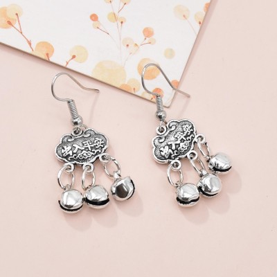 E-6507 Vintage Chinese Style Long Life Lock Access Safety Words Bell Tassel Pendant Earrings