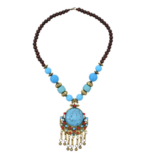 N-7852 Tibetan Style Acrylic Gem Beaded Round Pendant Alloy Necklace Tibetan National Tassels Necklace