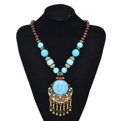 N-7852 Tibetan Style Acrylic Gem Beaded Round Pendant Alloy Necklace Tibetan National Tassels Necklace