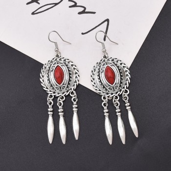 E-6509 INDIAN VINTAGE SILVER METAL BLUE RED ACRYLIC LONG TASSEL EARRINGS FOR WOMEN BOHO ETHNIC PARTY JEWELRY GIFT