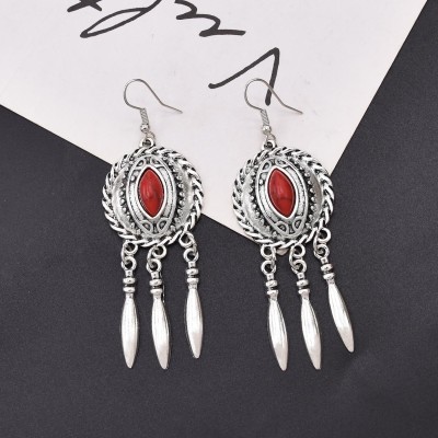 E-6509 INDIAN VINTAGE SILVER METAL BLUE RED ACRYLIC LONG TASSEL EARRINGS FOR WOMEN BOHO ETHNIC PARTY JEWELRY GIFT