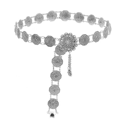 N-7857 Antique Silver Round Carved Metal Waist Chain Turkish Ethnic Belly Chains