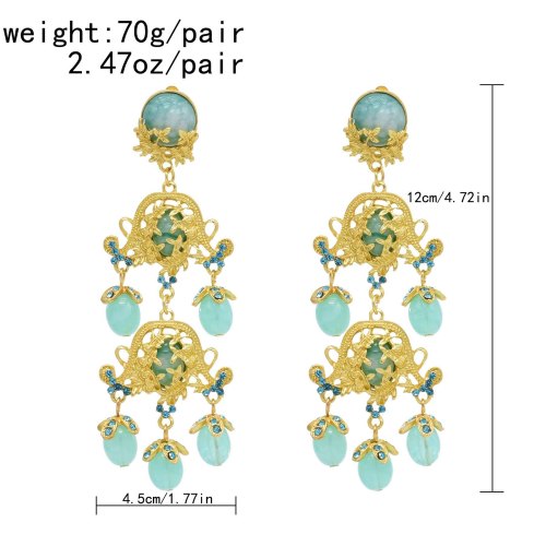 E-6511 Charms Women Drop Earrings Exaggerated Stone Ethnic Bilayer Tassel Pendant Gold Carved Earrings Female