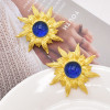 E-6512 French style Vintage SUN-flowers Style Ear Stud Gold Color Metal Green Red Blue Color Crystal For Womens Party Gifts