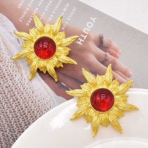 E-6512 French style Vintage SUN-flowers Style Ear Stud Gold Color Metal Green Red Blue Color Crystal For Womens Party Gifts