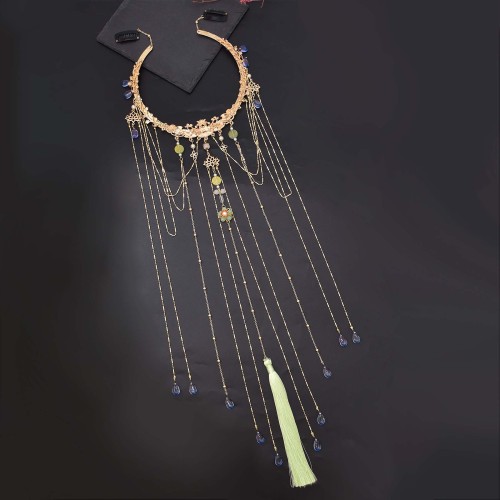 F-1019 Chinese Bridal Hair Accessories Long Tassel Blue Crystal Pendant Hair Jewelry