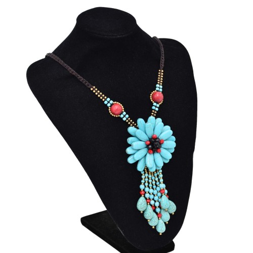 N-7866 Tibetan Turquoise Pendant Necklace Water Drop Stone Tassel Choker Necklaces