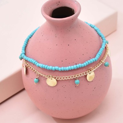 B-1228 Gold Round Sequins Blue Resin Beaded Anklets Bohemian Beach Party Sexy Feet Bracelet Jewelry