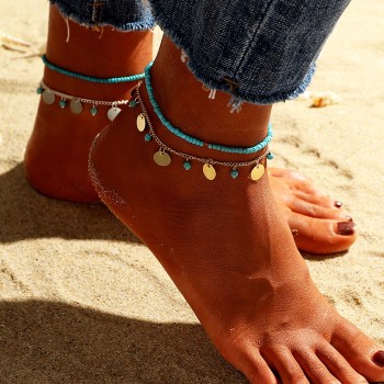 B-1228 Gold Round Sequins Blue Resin Beaded Anklets Bohemian Beach Party Sexy Feet Bracelet Jewelry