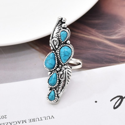 R-1576 Vintage Turquoise Ring Siver Color Alloy Bohemian Style Droplet gemstone Leaf Type Rings For Women