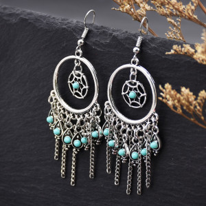 E-6525 Bohemian Antique Silver Alloy Pendant Women's Earrings Statement Traditional Ethnic Tassels Women's Earrings Jewelry Gift
