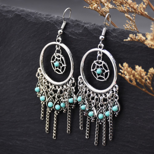 E-6525 Bohemian Antique Silver Alloy Pendant Women's Earrings Statement Traditional Ethnic Tassels Women's Earrings Jewelry Gift