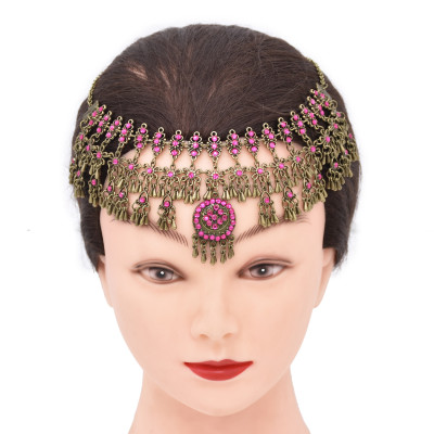 F-1030 Vintage Bohemian Ethnic Dark Gold Alloy Purple Crystal Long Tassel Head Chain Headpiece