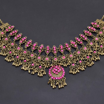 F-1030 Vintage Bohemian Ethnic Dark Gold Alloy Purple Crystal Long Tassel Head Chain Headpiece