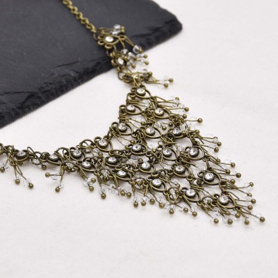 F-1031 Bronze Mesh Triangular Forehead Chain Transparent Crystal Bead Tassel Headpiece