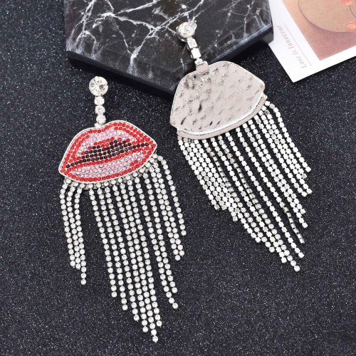 E-6526 New Fashion Rhinestone Lip Dangle Earrings Rhinestone Chain Tassel Women Earrings