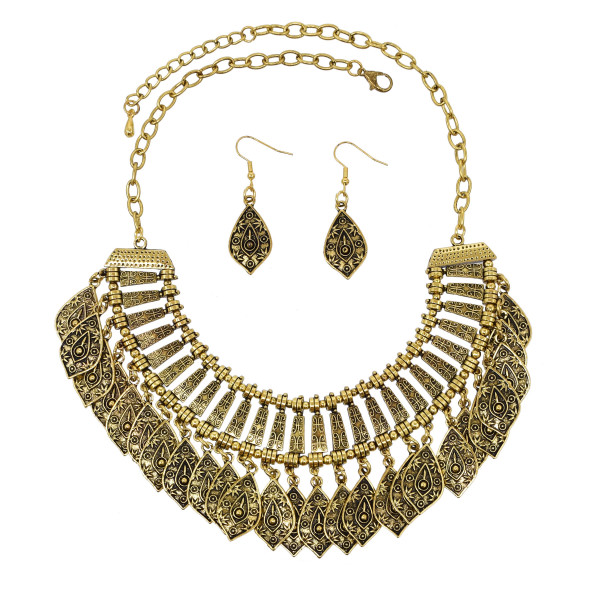 N-7875 Bohemian Nation Vintage Geometric Leaf Tassel Women's Pendant Necklace Earrings Women's Traditional Tribal Party Jewelry Set