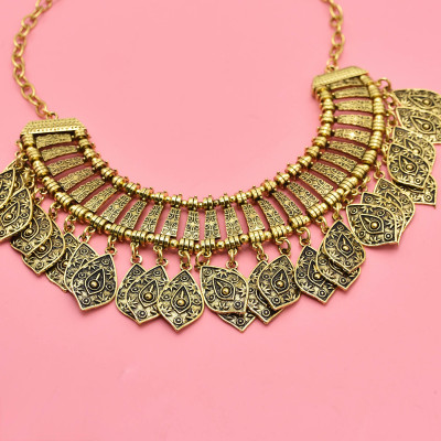 N-7875 Bohemian Nation Vintage Geometric Leaf Tassel Women's Pendant Necklace Earrings Women's Traditional Tribal Party Jewelry Set