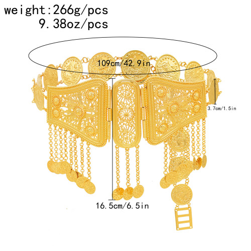 N-7879 Coin Tassel Women Body Chains Gold Flower Carved Bohemian Ethnic Body Belt for Women Girls Dancing Dress Decor