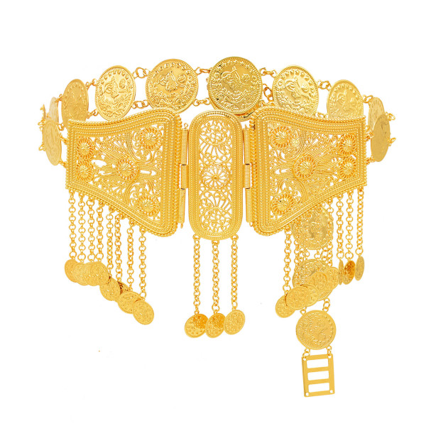 N-7879 Coin Tassel Women Body Chains Gold Flower Carved Bohemian Ethnic Body Belt for Women Girls Dancing Dress Decor