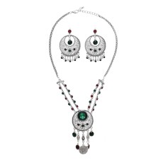 N-7452 Bohemian Vintage silver color Black green red Rhinestone tassel necklace hoop earring set female gypsy party Jewelry set