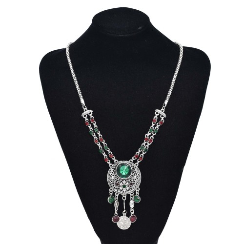 N-7452 Bohemian Vintage silver color Black green red Rhinestone tassel necklace hoop earring set female gypsy party Jewelry set