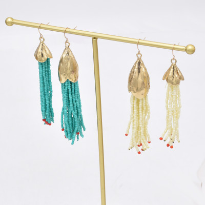 E-6533-BL/WH Bohemian Gold Plated Hook Beaded Tassel Drop Dangle Earrings Women Girl Wedding Party Accessories