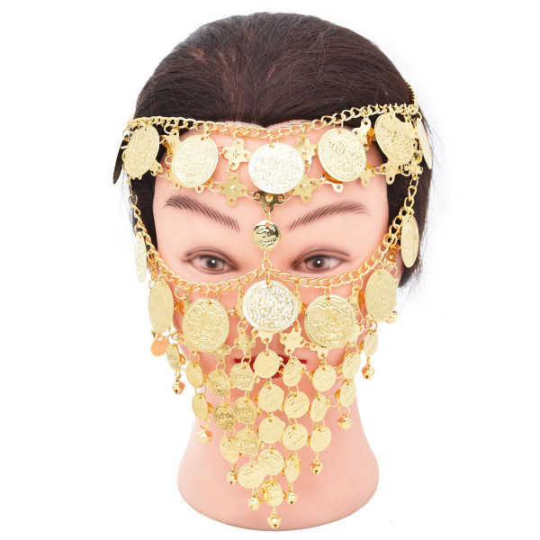 F-1039 Luxury Gold Multilayers Coin Tassel Head Chains Mask Veil Face Chains for Women Lady Dance Night Club Party Jewelry