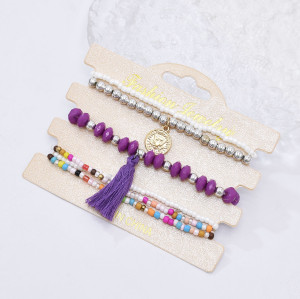 B-1235-A/B/C/D/E/F/G Boho Beaded Strand Bracelets For Women Girls Multilayer Stackable Crystal Stretch Tassel Bracelets