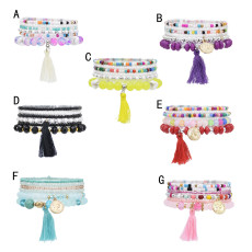 B-1235-A/B/C/D/E/F/G Boho Beaded Strand Bracelets For Women Girls Multilayer Stackable Crystal Stretch Tassel Bracelets