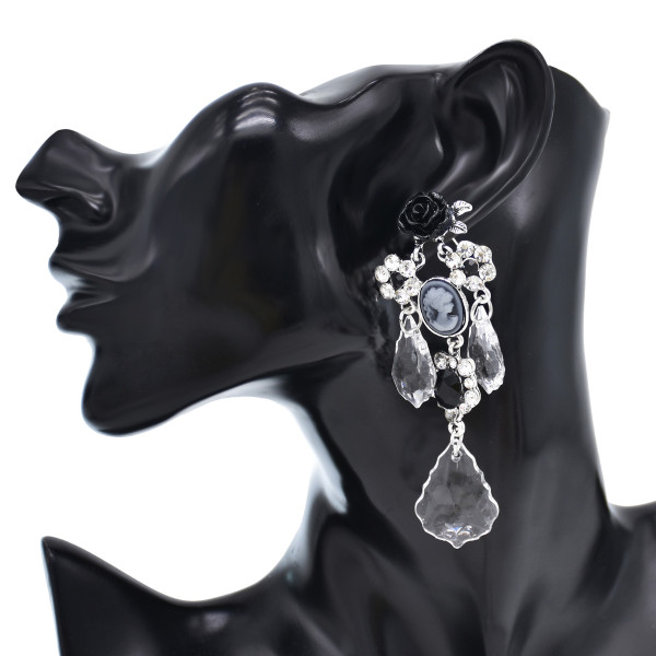 E-6536 Retro Water Drop Woman Image Black Rose Crystal Flower Black Rhine Stone Clear Stone Water Drop Pendant Dangle Earrings
