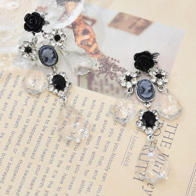 E-6536 Retro Water Drop Woman Image Black Rose Crystal Flower Black Rhine Stone Clear Stone Water Drop Pendant Dangle Earrings