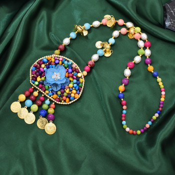 N-7895 Ethnic handmade necklace, natural stone flower necklace, ladies colorfull beaded necklace
