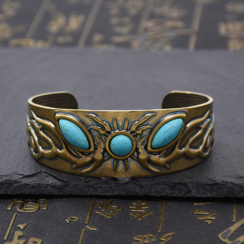 B-1239-G/S Sun Turquoise Beads Bracelet For Women Girls Exquisite Carved Pattern Open Bangle Cuff Birthday Gift