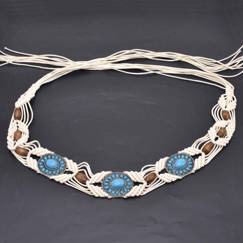 N-7992  Turquoise Rope Waist Chains Handmade Cross Tibetan Ethnic Statement Body Jewelry