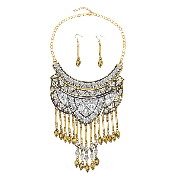N-7773 Gypsy Vintage Metal Crystal Long Tassel Statement Necklaces Earrings Sets for Women Boho Party Jewelry Sets
