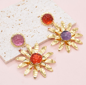 E-6547 Fashion Metal Flower Earrings Asymmetrical Jewel Color Purple Red Color Crystal Earrings Jewelry