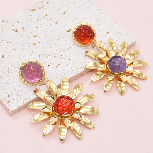 E-6547 Fashion Metal Flower Earrings Asymmetrical Jewel Color Purple Red Color Crystal Earrings Jewelry
