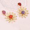 E-6547 Fashion Metal Flower Earrings Asymmetrical Jewel Color Purple Red Color Crystal Earrings Jewelry