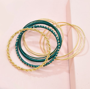 B-1242 Boho Gold Chain Green Alloy Bracelets Carved Bangle Layered Arm Cuff for Women Girls Party Jewelry Gift
