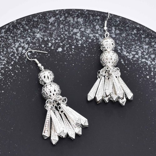 E-6542 Silver Women Drop Earrings Bohemian Ethnic Bells Hollow Tassel Pendant Earrings