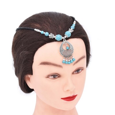 F-1048   Blue Turquoise Beads Tassel Forehead Headpiece Hair Jewelry