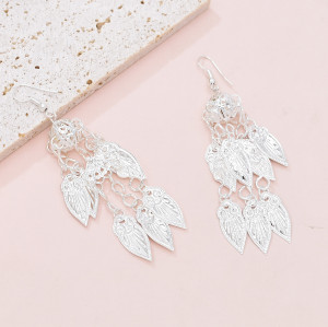 E-6543 Silver Women Drop Earrings Bohemian Ethnic Ball Leaf Tassel Pendant Drop for Girls Birthday Gift Party Jewelry
